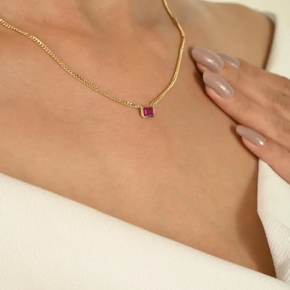 New Trendy Octagon Cut Ruby Single Stone Curb Link Chain Pendant Necklace 14K Gold