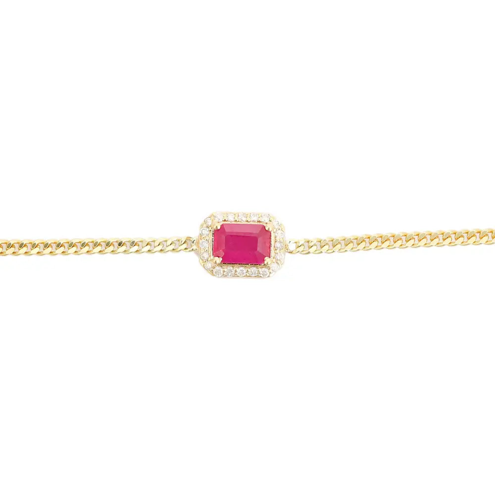 Octagon Cut Ruby & Diamond Curb Link Chain Halo Bracelet 14K Solid Yellow Gold Jewelry