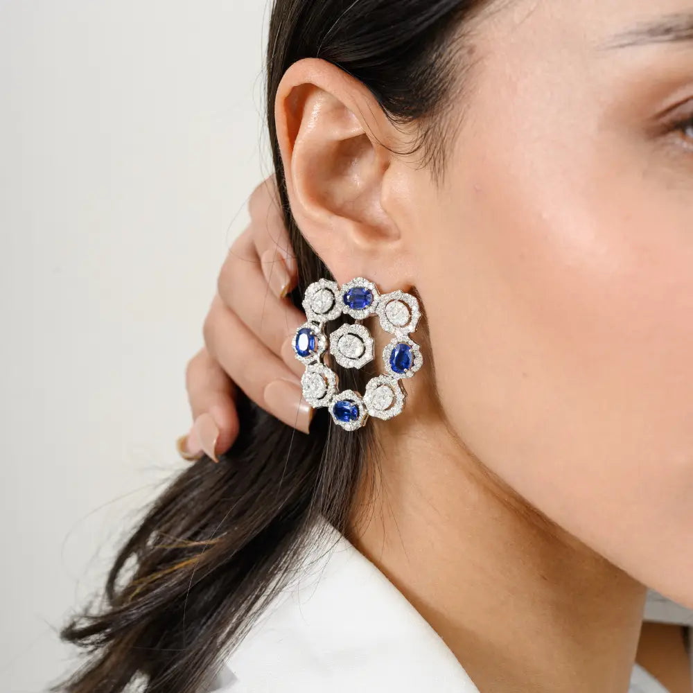 Bold Jewelry Natural Blue Kyanite & Diamond White Gold Statement Stud Earrings