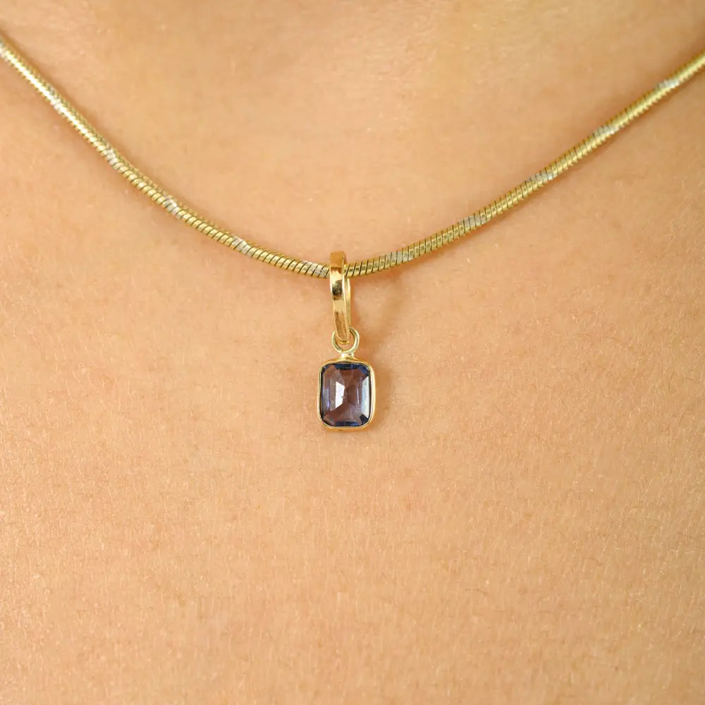 Delicate Small Octagon Cut Blue Sapphire Minimal Single Stone Pendant 14K Yellow Gold