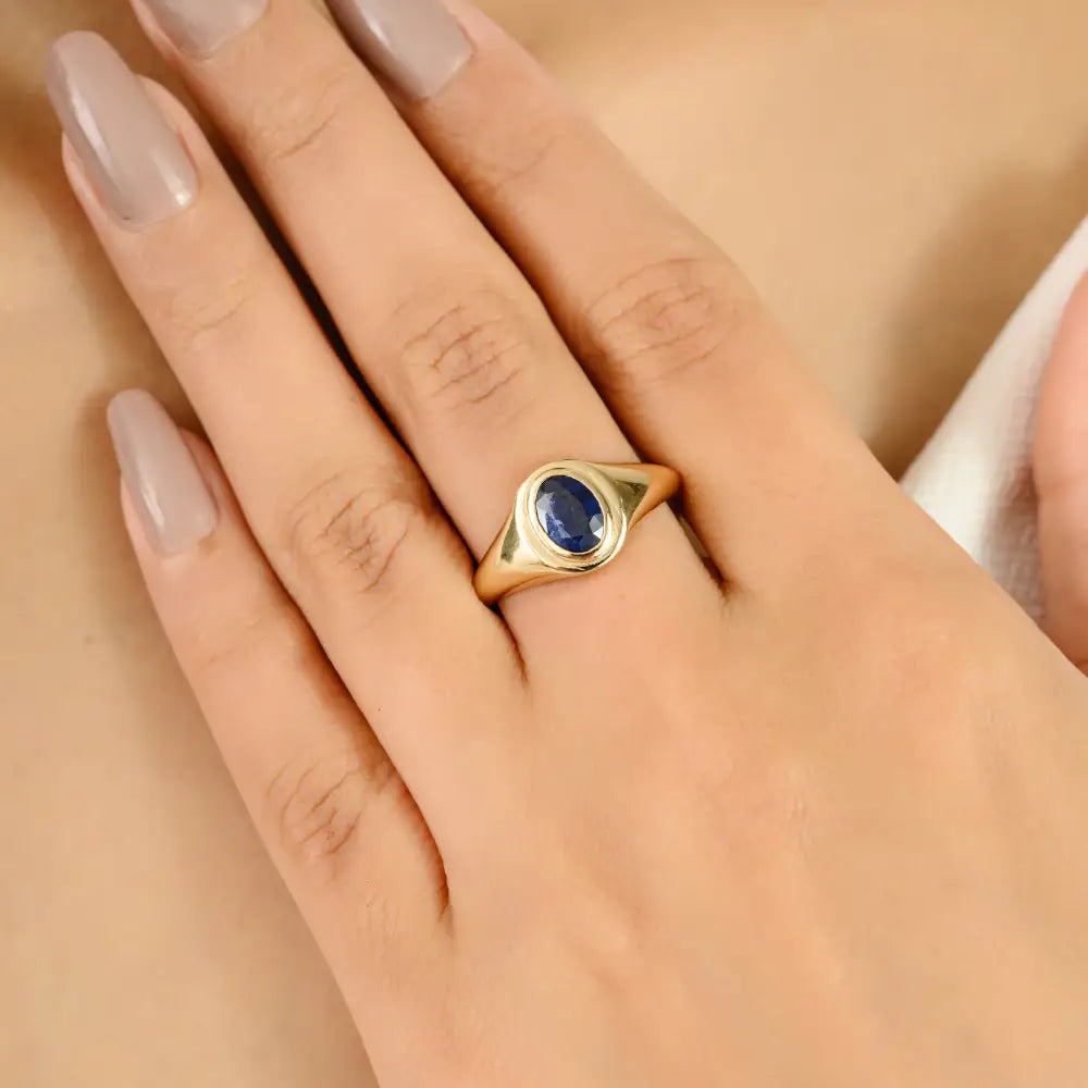 7X5 MM Oval Blue Sapphire Handmade Chunky Signet Ring 14K Pure Yellow Gold Unique Jewelry
