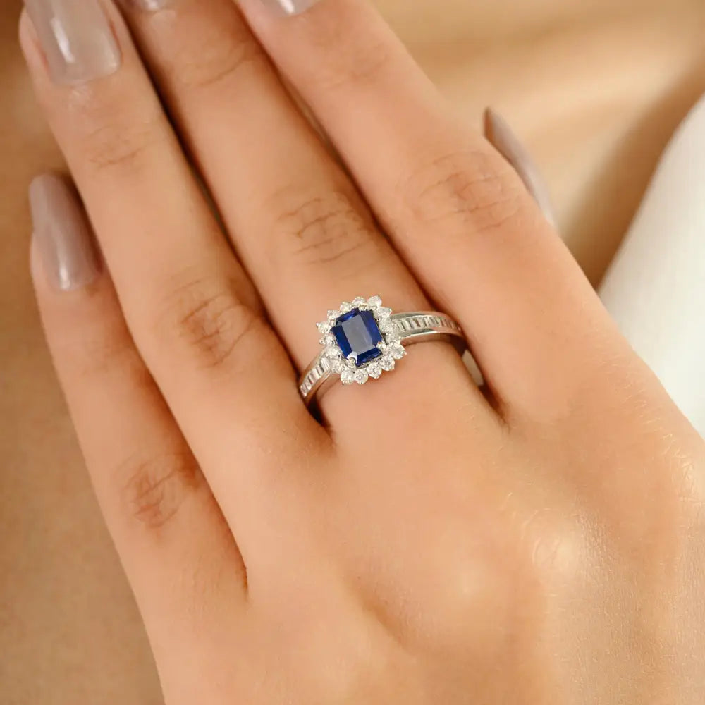 Prong Setting Blue Sapphire & Diamond Wedding Ring Newly Design 14K White Gold Jewelry