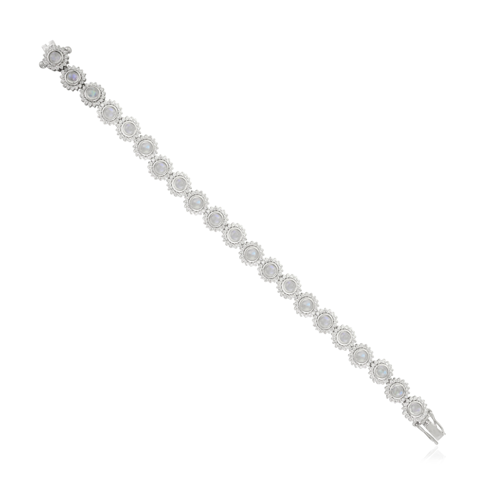 Elegant & Classic Jewelry Genuine Moonstone & American Diamond Round Flower Bracelet