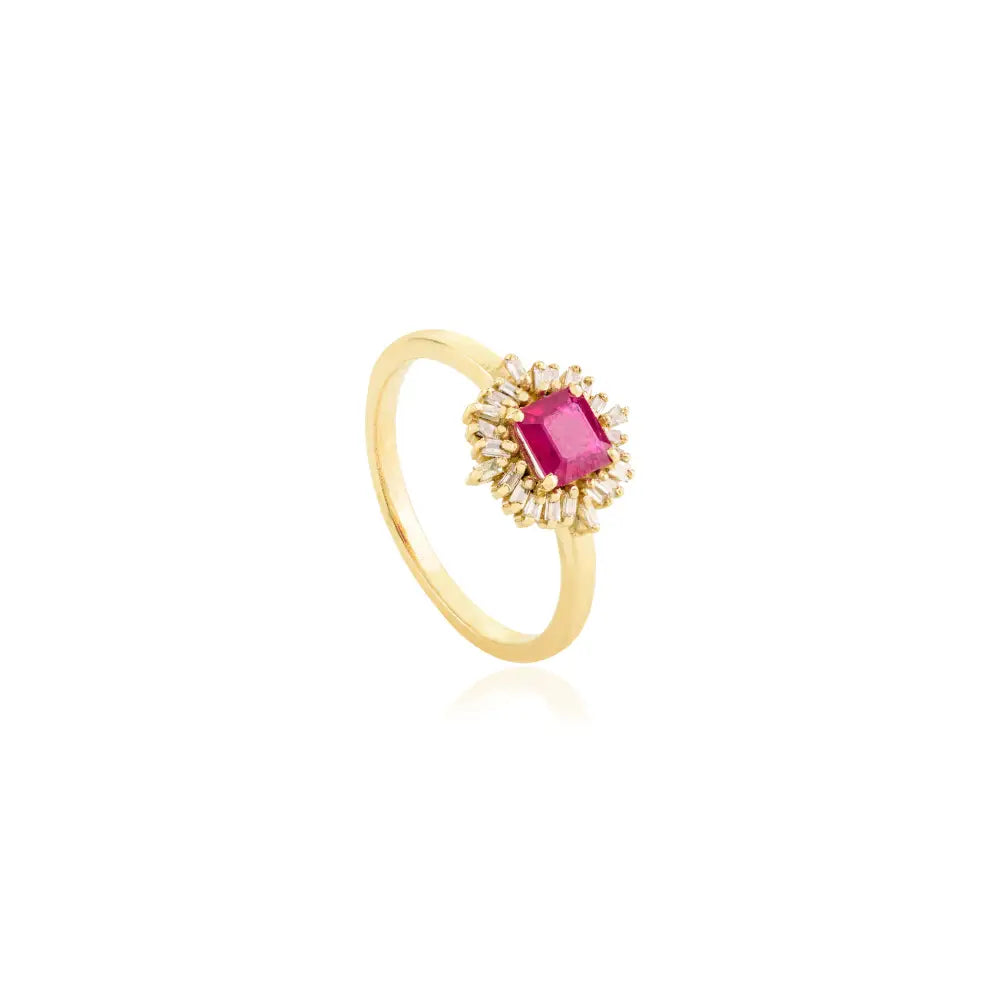 Beautiful Art Deco Style Ruby & Diamond Halo Ring Solid 14K Yellow Gold Precious Stone Jewelry