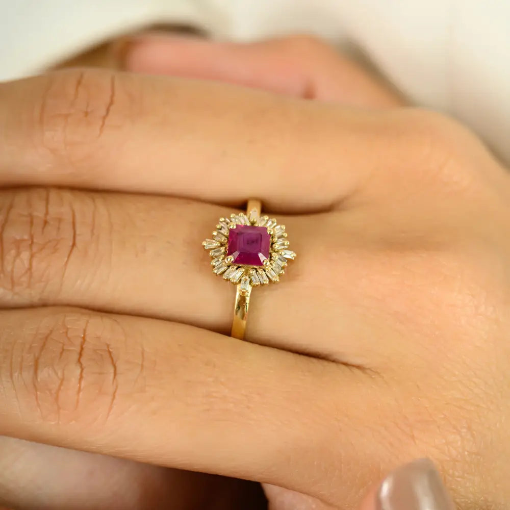 Beautiful Art Deco Style Ruby & Diamond Halo Ring Solid 14K Yellow Gold Precious Stone Jewelry
