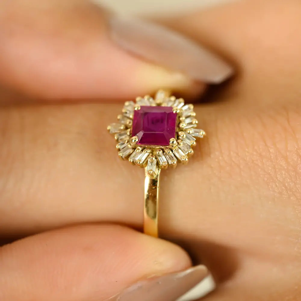 Beautiful Art Deco Style Ruby & Diamond Halo Ring Solid 14K Yellow Gold Precious Stone Jewelry