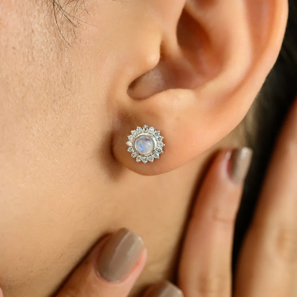 925 Sterling Silver Fine Jewelry Real Moonstone & American Diamond Round Flower Earrings