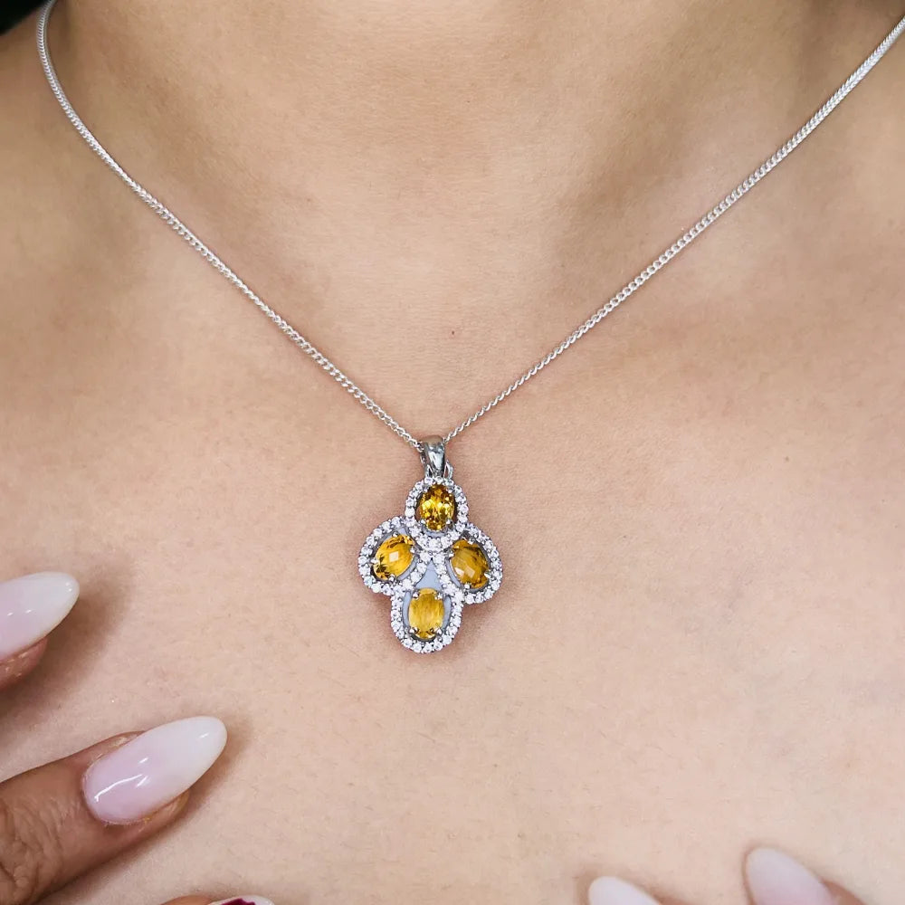 Most Beautiful Genuine Yellow Citrine & American Diamond Statement Pendant Gift For Girlfriend