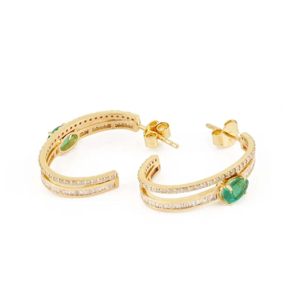 Customized Emerald & Diamond K14 Solid Yellow Gold C Shape Hoop Earrings For Women