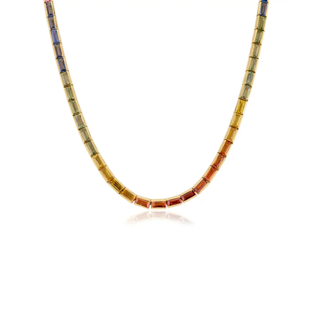 Colorful Gemstone Multi Sapphire Half Bezel Set Stack Tennis Necklace Real K14 Yellow Gold