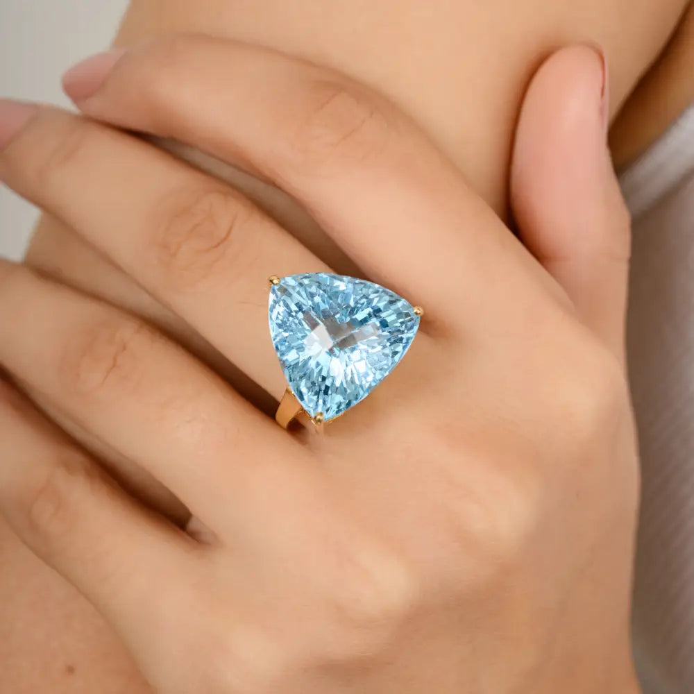 Trillion Cut Blue Topaz 18K Yellow Gold Statement Ring For Unisex Custom Logo Wedding Jewelry