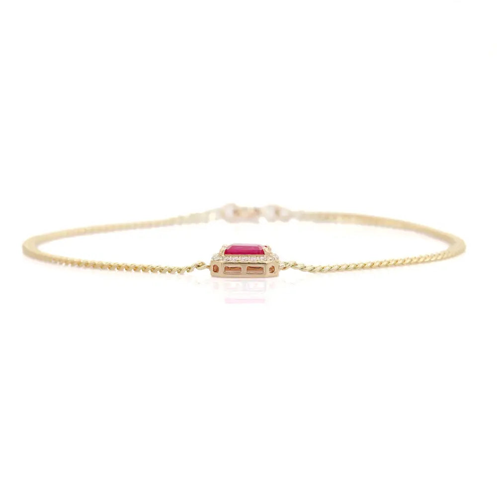 Octagon Cut Ruby & Diamond Curb Link Chain Halo Bracelet 14K Solid Yellow Gold Jewelry