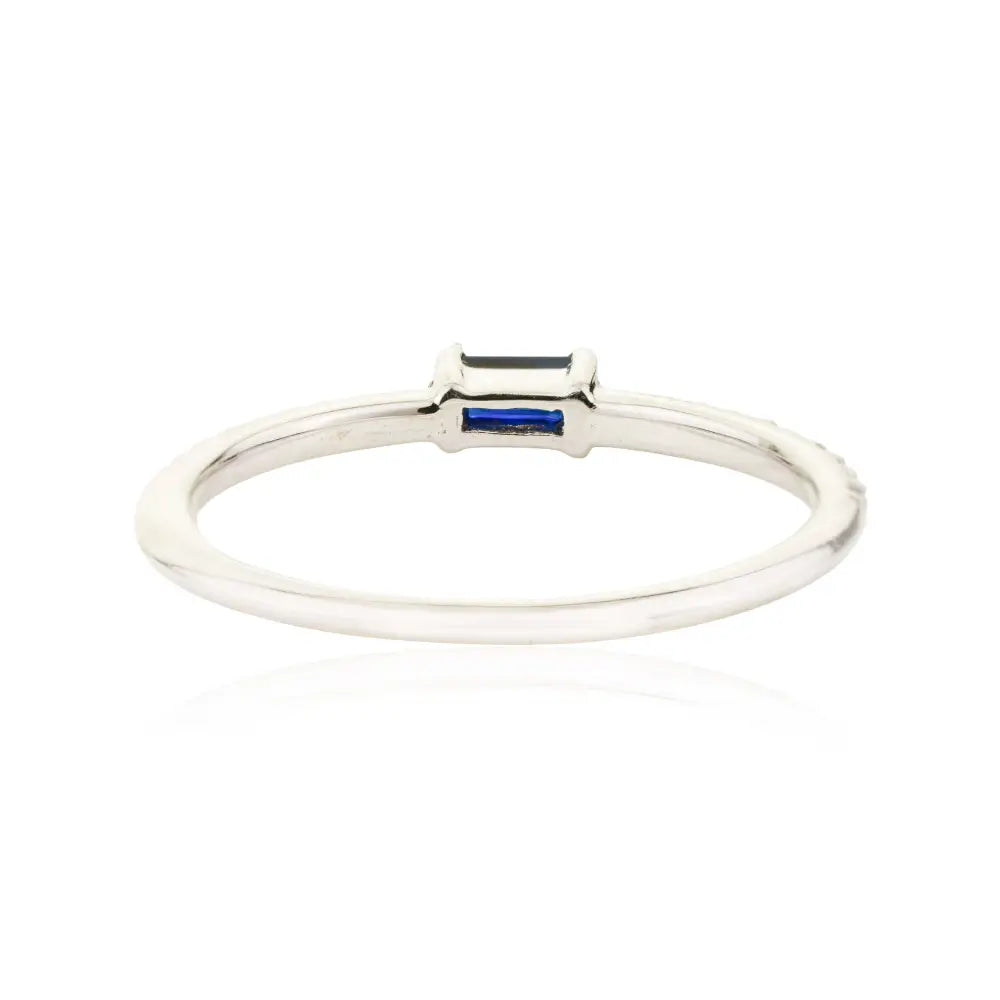 Minimalist Blue Sapphire & Diamond K14 Solid White Gold Stacking Band Ring Everyday Jewelry