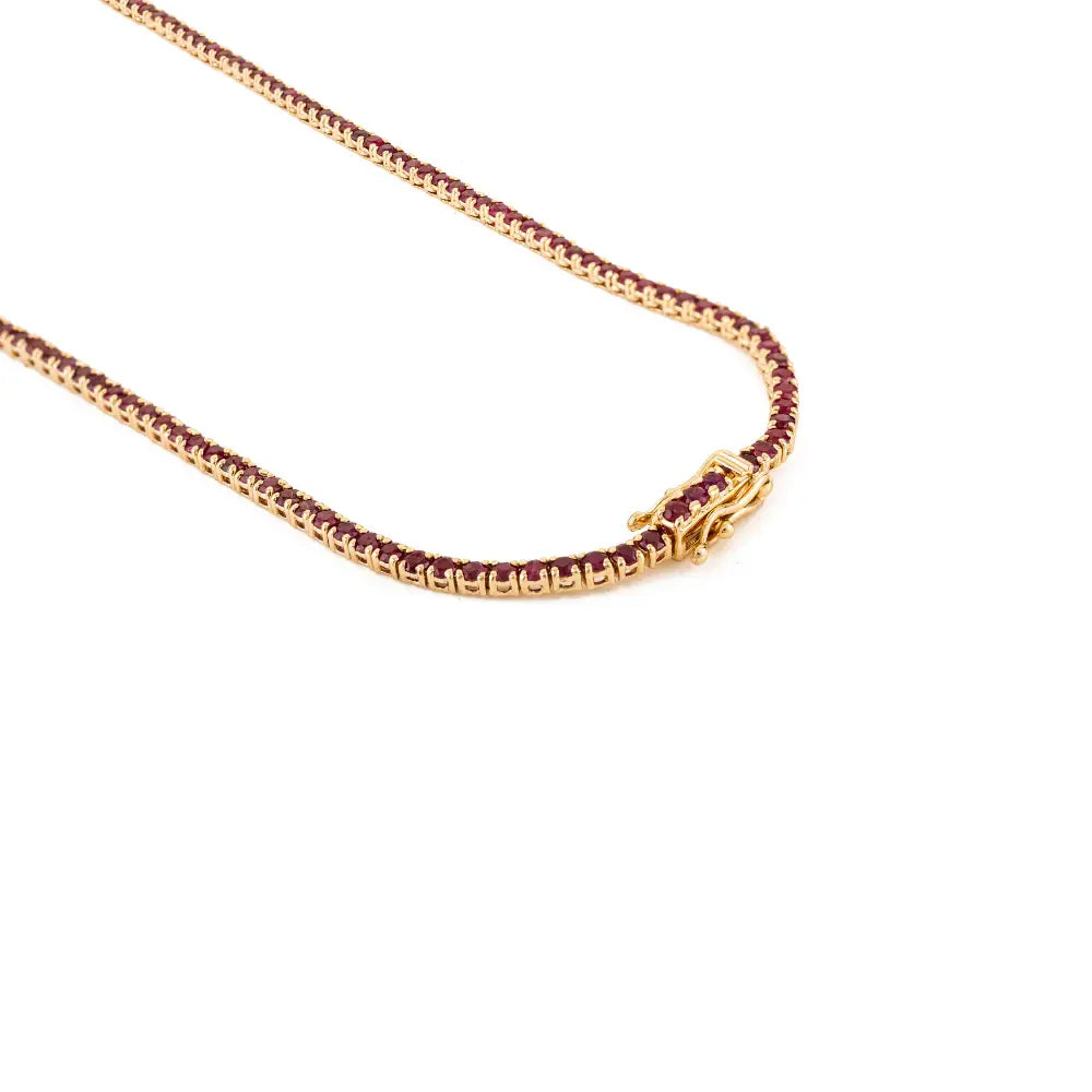 2 MM Round Cut Ruby Gemstone Sleek Tennis Necklace 14K Real Yellow Gold Anniversary Gift