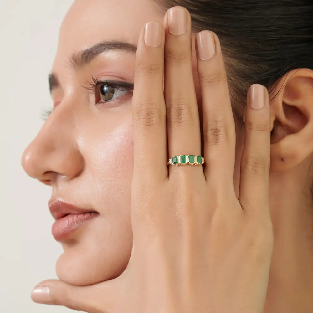Bezel Set Emerald & Diamond Handmade Stackable Gemstone Ring K14 Solid Yellow Gold Jewelry