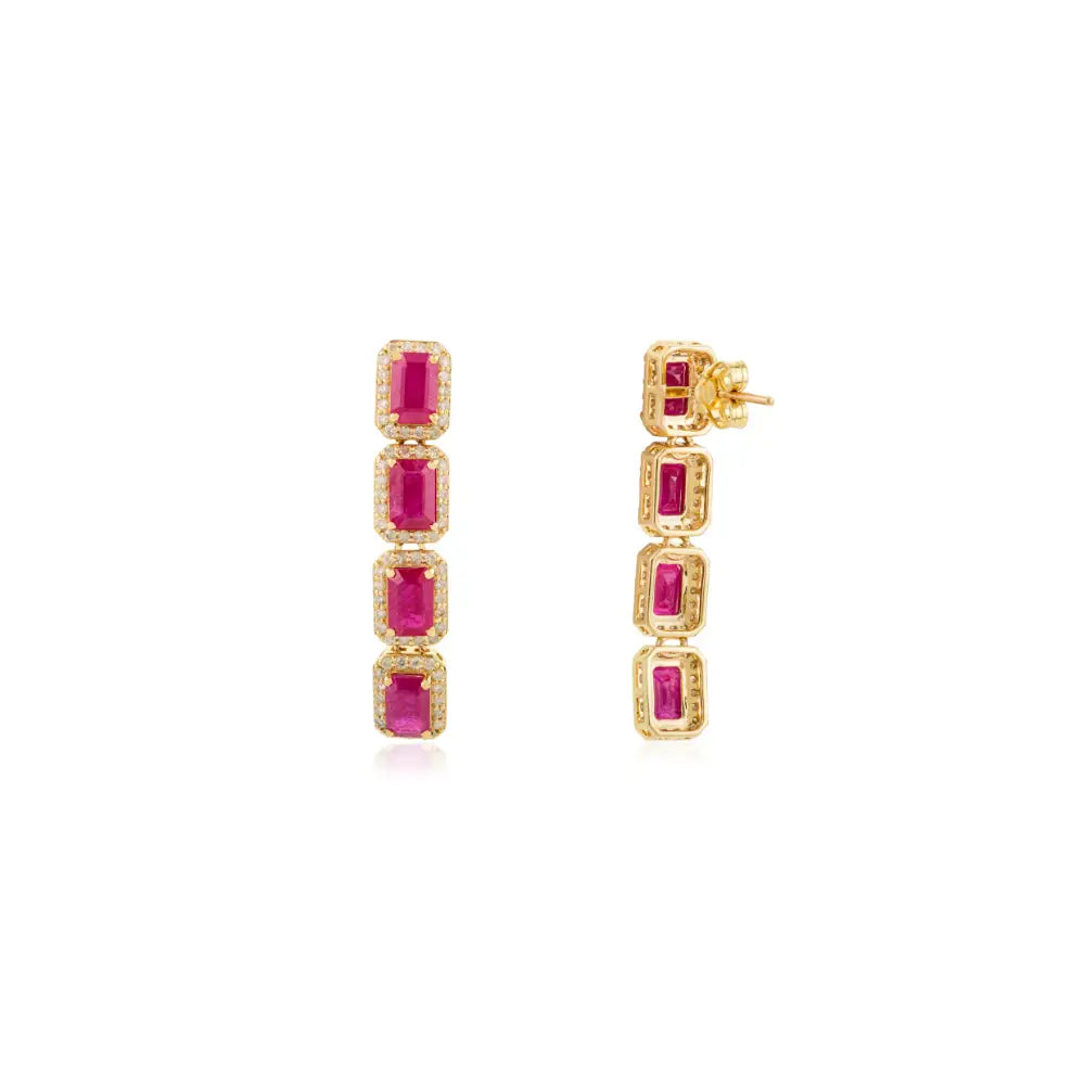 Bold Jewelry 14K Yellow Gold Ruby & Diamond Long Statement Dangle Earrings For Wedding