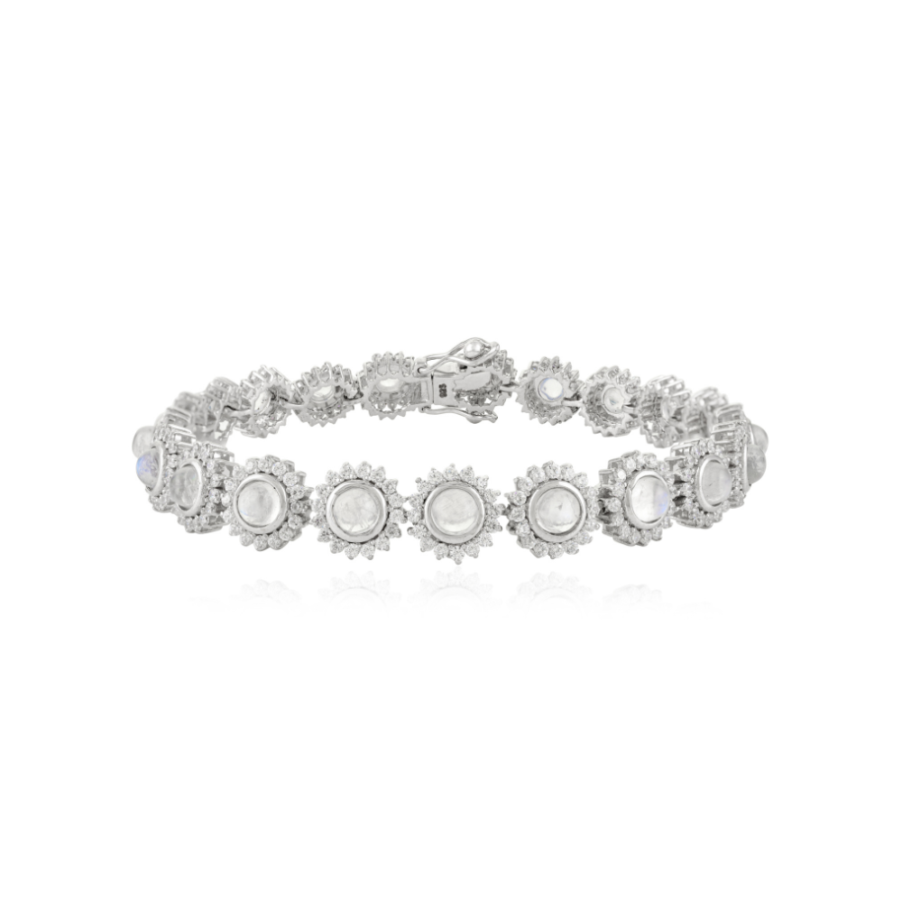Elegant & Classic Jewelry Genuine Moonstone & American Diamond Round Flower Bracelet
