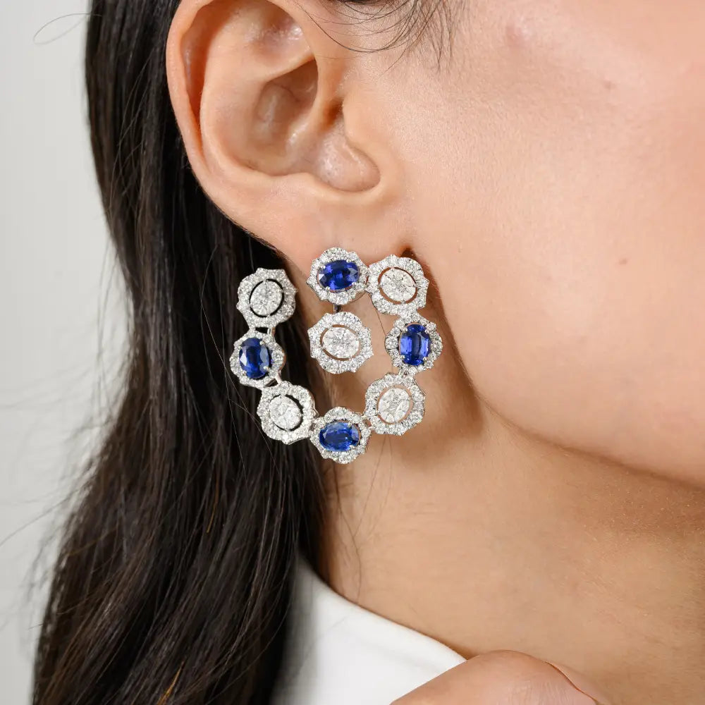 Bold Jewelry Natural Blue Kyanite & Diamond White Gold Statement Stud Earrings