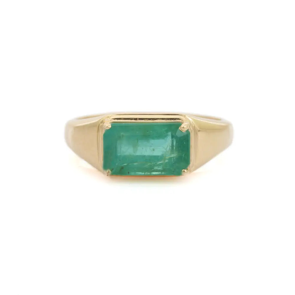 Prong Set Emerald Signet East West Ring Statement Unisex Jewelry 14K Solid Yellow Gold