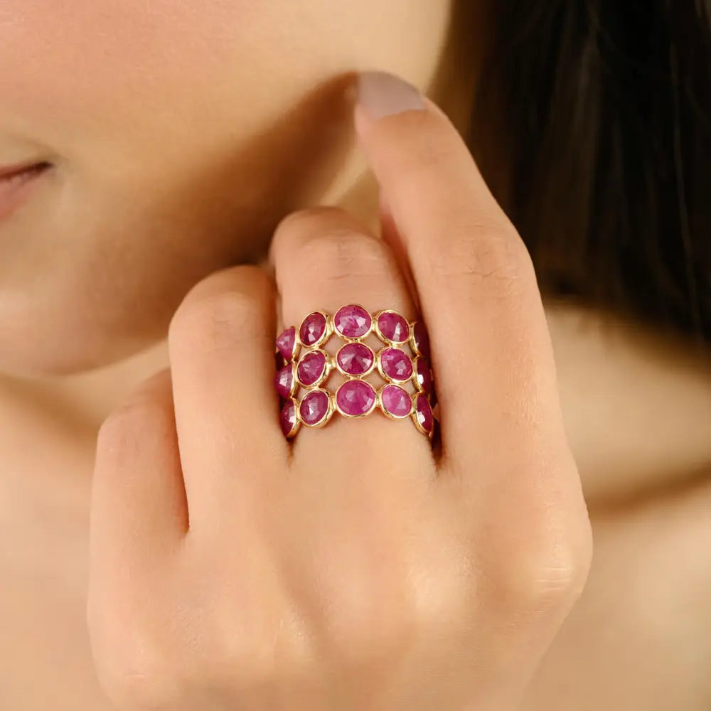 Triple Layer Round Cut Ruby Statement Eternity Band Ring Wedding Jewelry 14K Gold