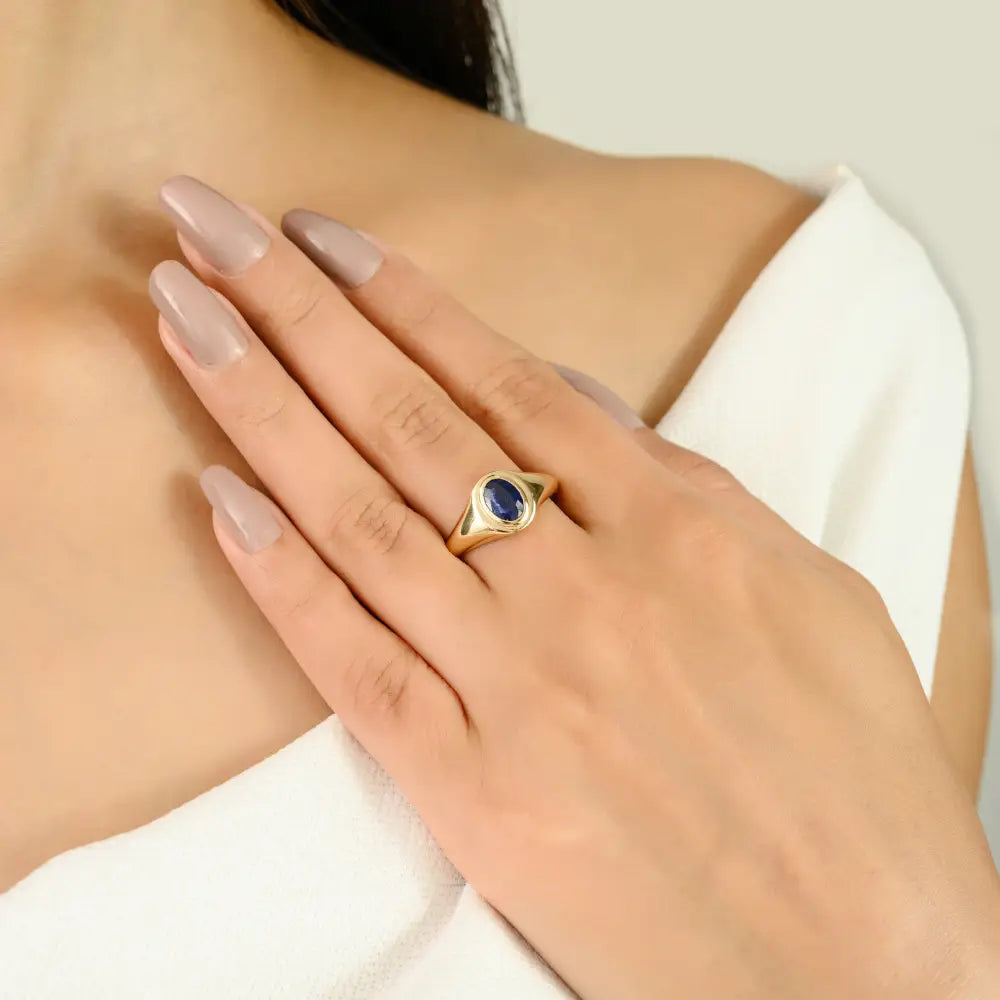 7X5 MM Oval Blue Sapphire Handmade Chunky Signet Ring 14K Pure Yellow Gold Unique Jewelry