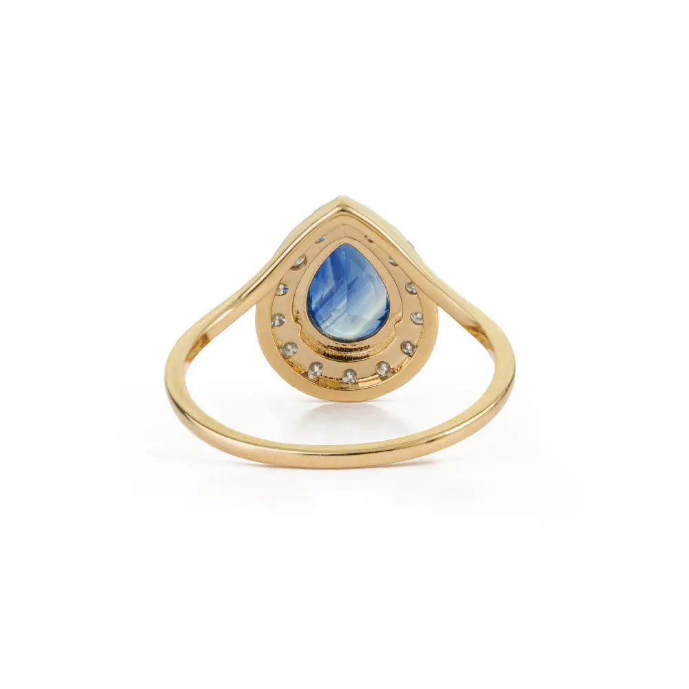 Wholesale Price Blue Sapphire & Diamond Real K14 Yellow Gold Halo Ring Birthstone Jewelry