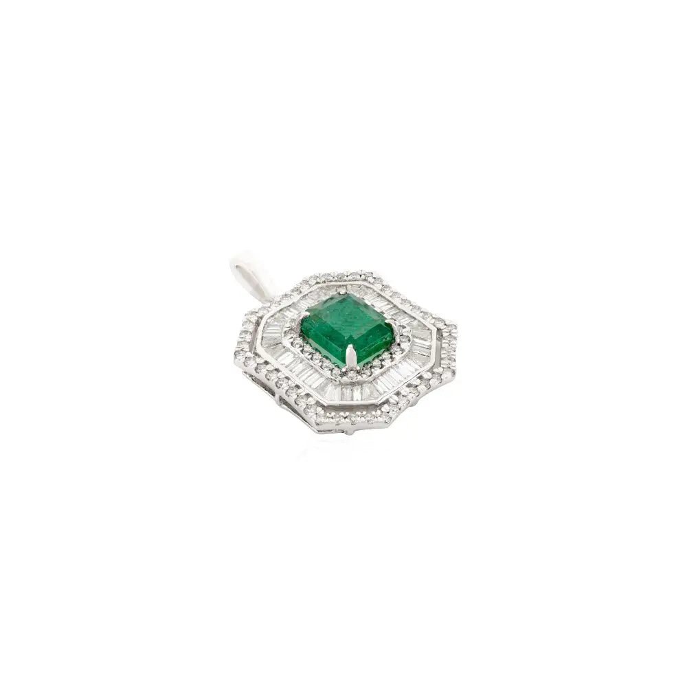 K18 White Gold Natural Zambian Emerald & Diamond Halo Statement Pendant Bold Sparkle Jewelry