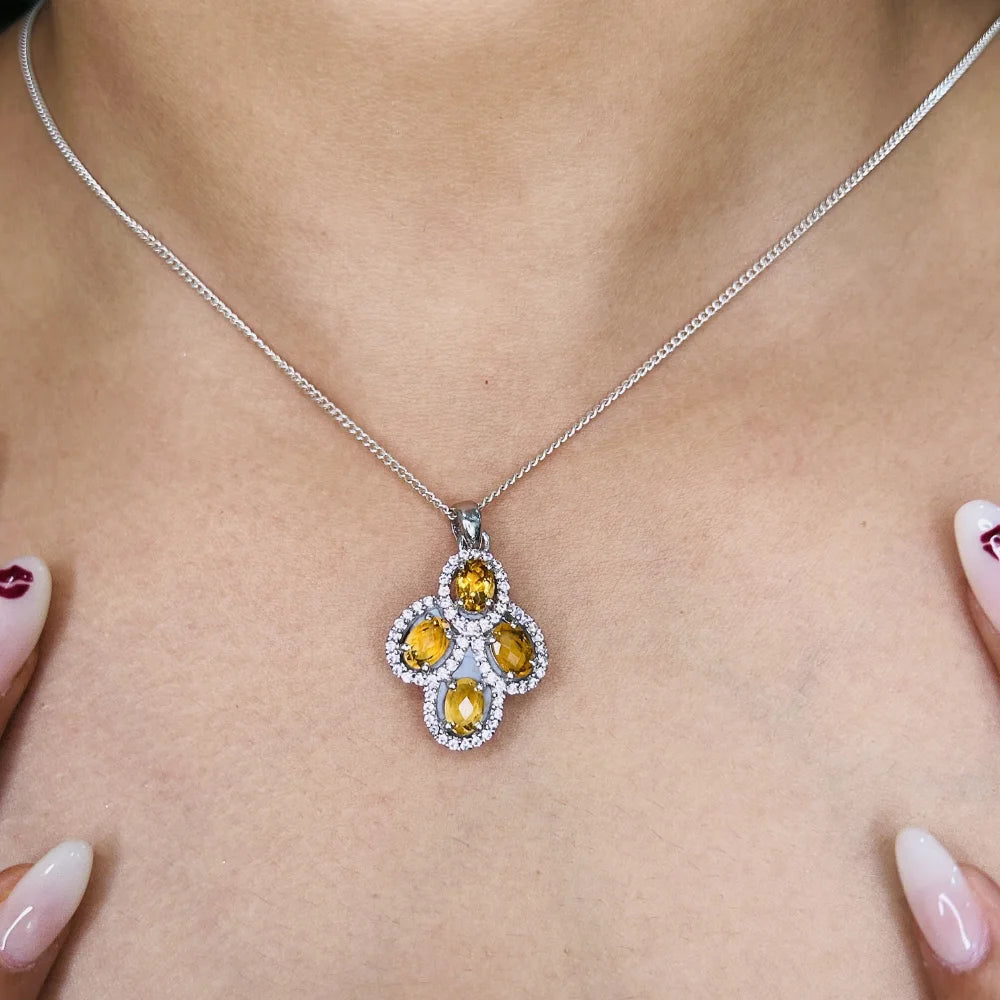 Most Beautiful Genuine Yellow Citrine & American Diamond Statement Pendant Gift For Girlfriend