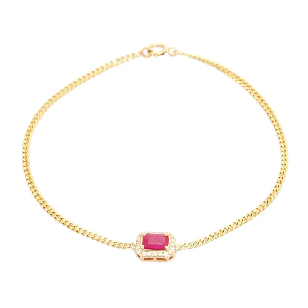 Octagon Cut Ruby & Diamond Curb Link Chain Halo Bracelet 14K Solid Yellow Gold Jewelry