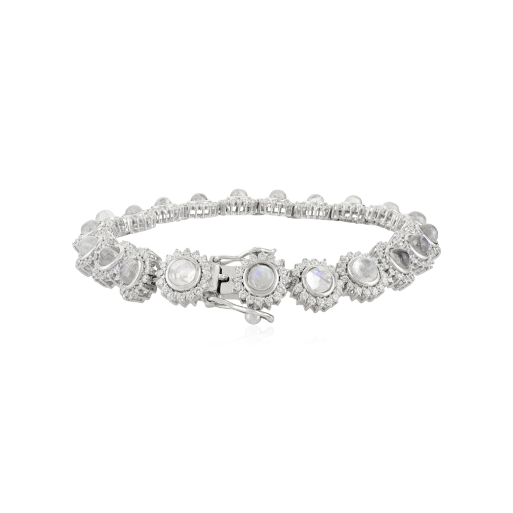 Elegant & Classic Jewelry Genuine Moonstone & American Diamond Round Flower Bracelet