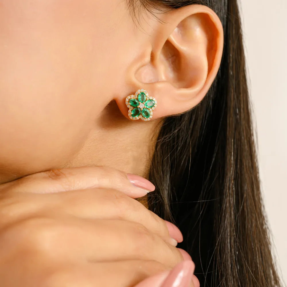 Unique Trending Natural Emerald & Diamond 14K Solid Gold Flower Stud Earrings For Women