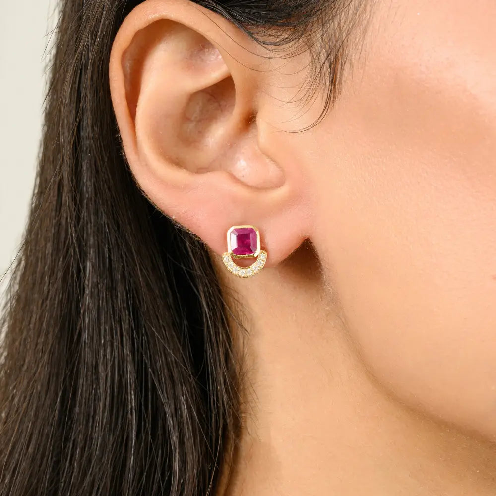 100% Authentic Genuine Ruby & Diamond Stud Earrings Birthday Gift For Her Custom Jewelry