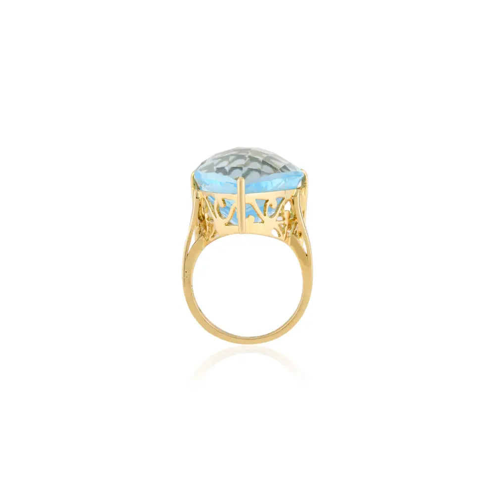 Trillion Cut Blue Topaz 18K Yellow Gold Statement Ring For Unisex Custom Logo Wedding Jewelry