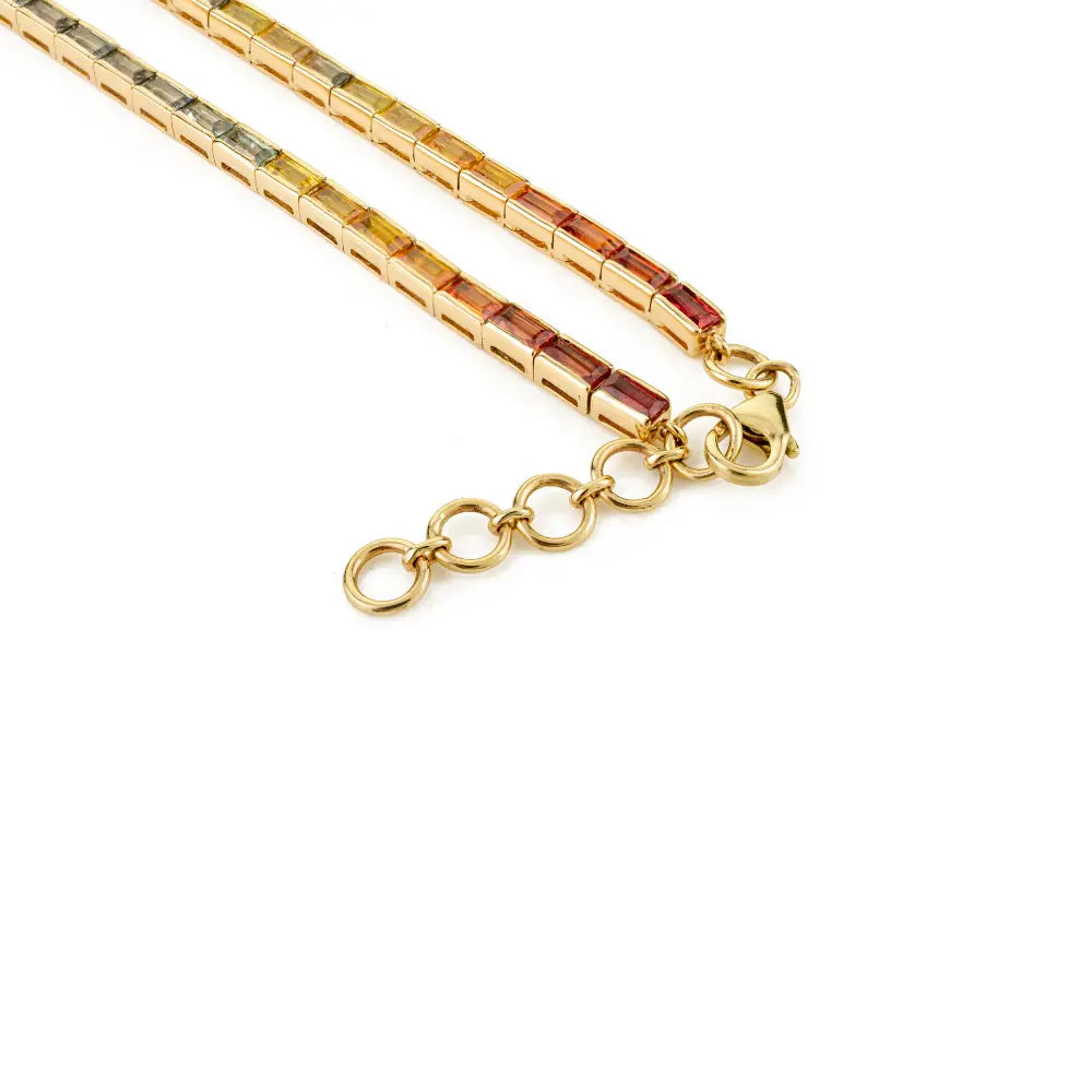Colorful Gemstone Multi Sapphire Half Bezel Set Stack Tennis Necklace Real K14 Yellow Gold
