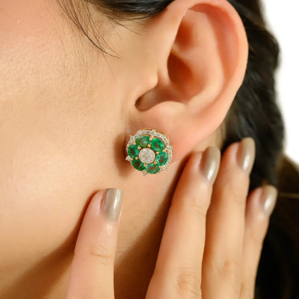 Flower Inspired Emerald & Diamond Statement Stud Earrings Fine 18K Yellow Gold Jewelry