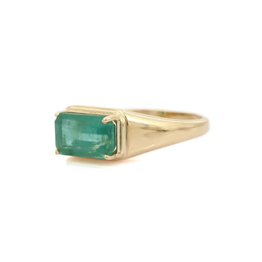 Prong Set Emerald Signet East West Ring Statement Unisex Jewelry 14K Solid Yellow Gold