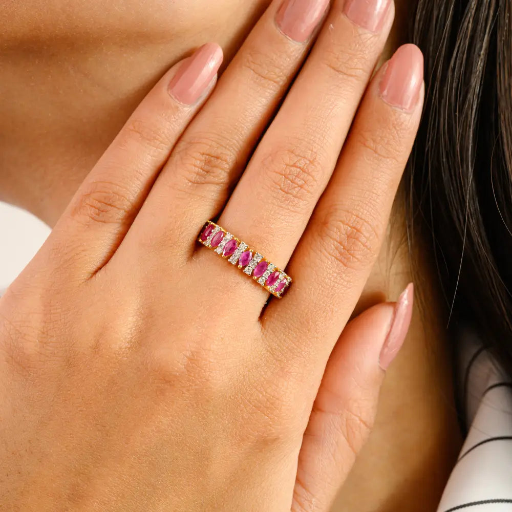 100% Genuine Ruby & Diamond Half Eternity Band Rind For Women 14K Yellow Gold