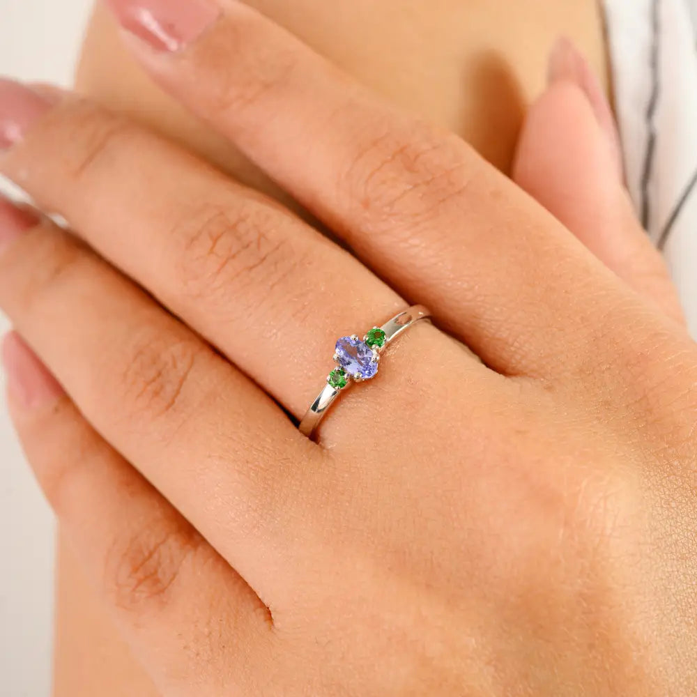 Dainty Minimalist Tanzanite & Tsavorite Three Stone Ring Solid K14 White Gold Everyday Jewelry