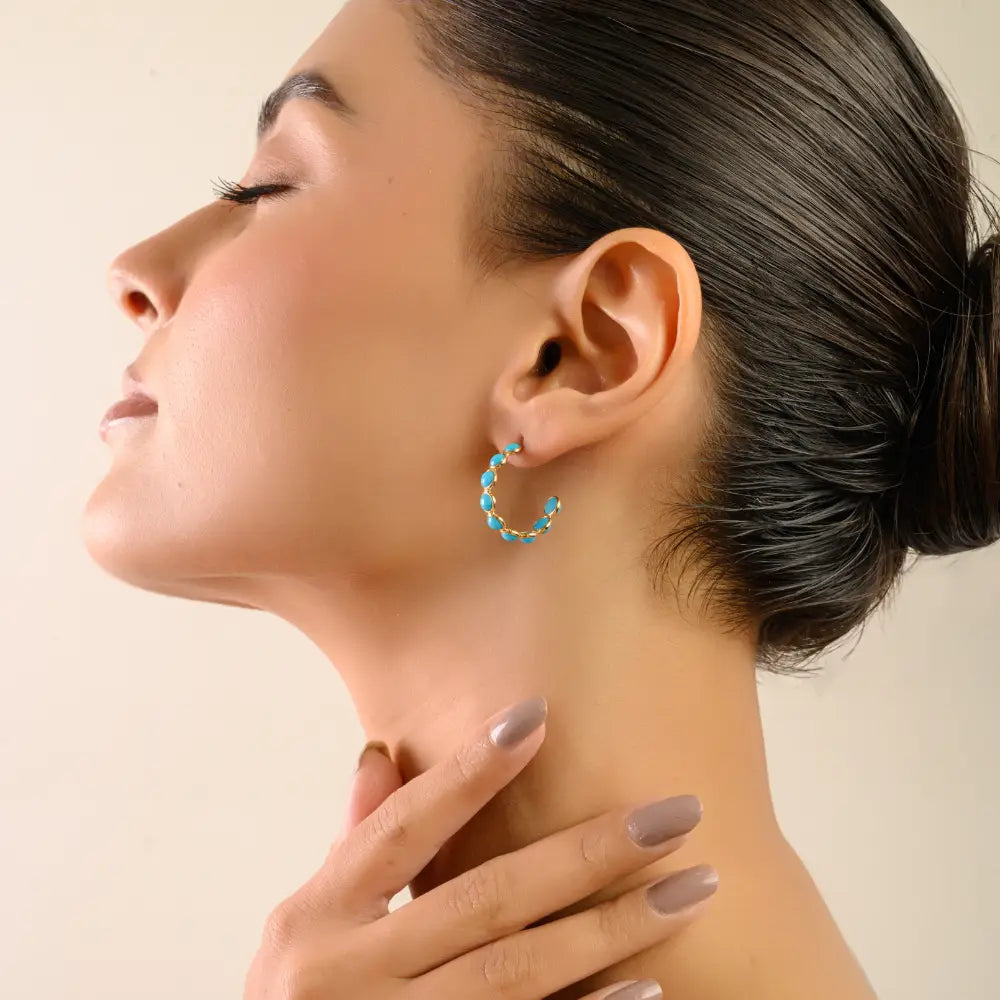 December Birthstone Turquoise Stone 18k Pure Yellow Gold Everyday Wear C Hoop Earrings
