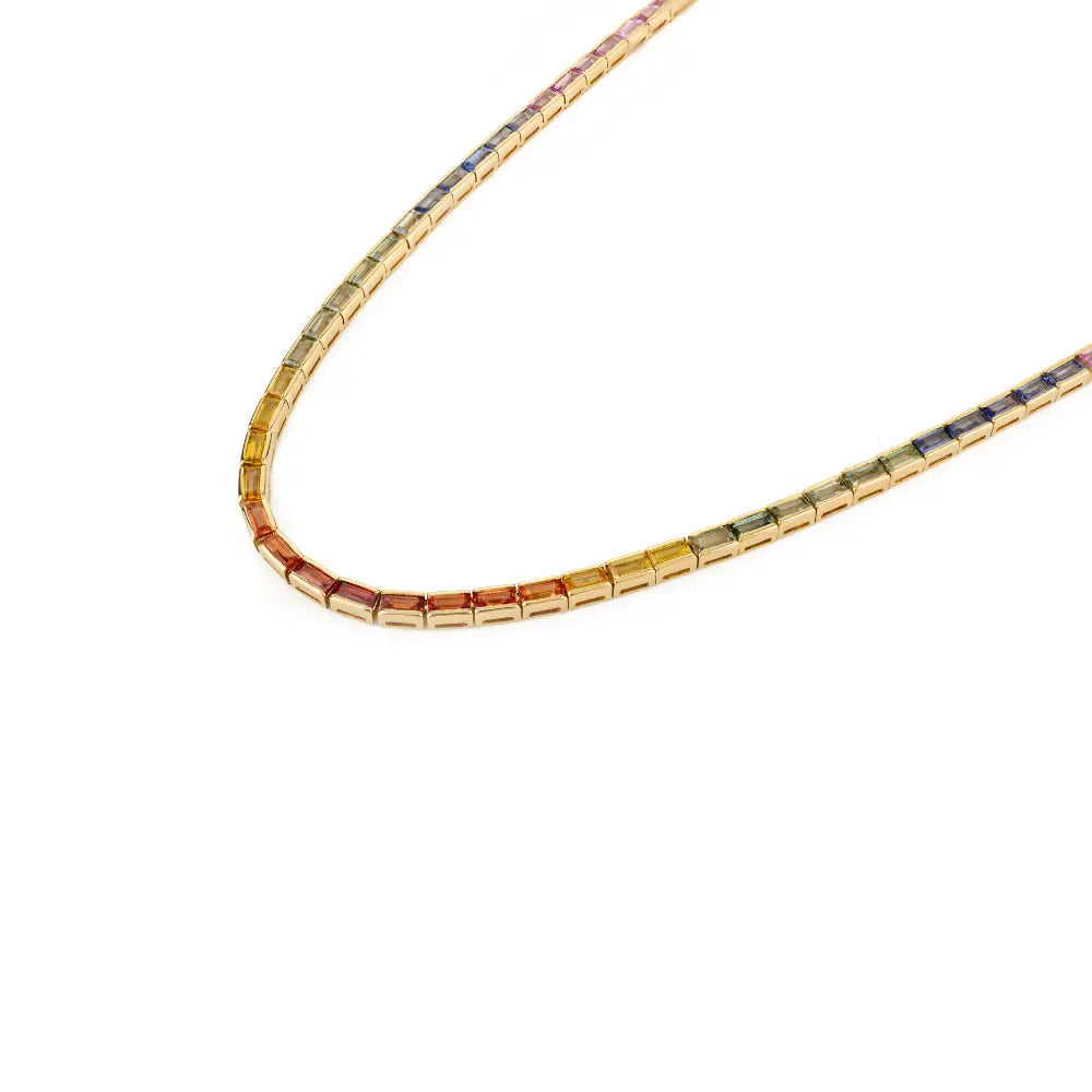 Colorful Gemstone Multi Sapphire Half Bezel Set Stack Tennis Necklace Real K14 Yellow Gold