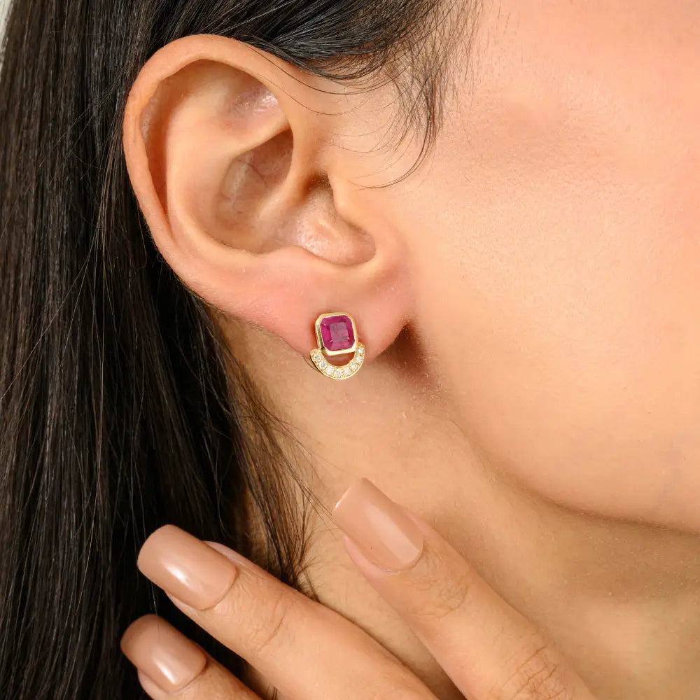 100% Authentic Genuine Ruby & Diamond Stud Earrings Birthday Gift For Her Custom Jewelry