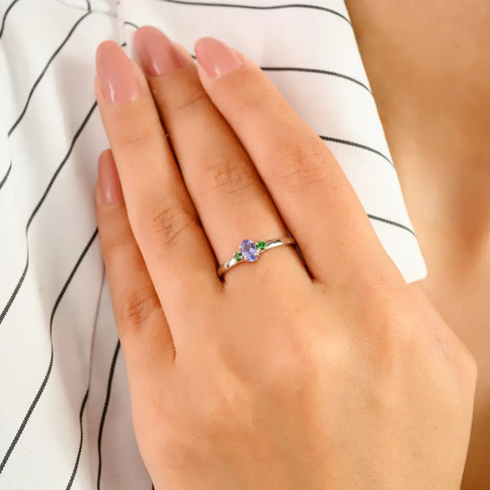 Dainty Minimalist Tanzanite & Tsavorite Three Stone Ring Solid K14 White Gold Everyday Jewelry