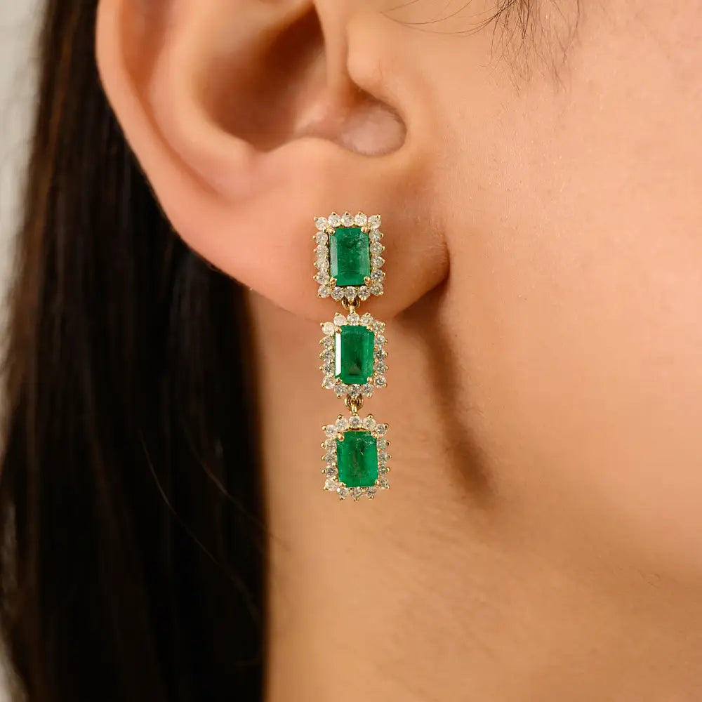 Prong Set Emerald & Diamond Cluster Dangle Earrings For Women Wedding Jewelry 14K Gold