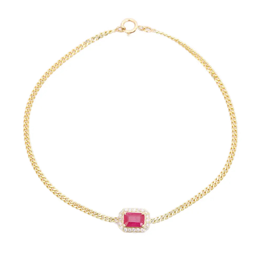 Octagon Cut Ruby & Diamond Curb Link Chain Halo Bracelet 14K Solid Yellow Gold Jewelry