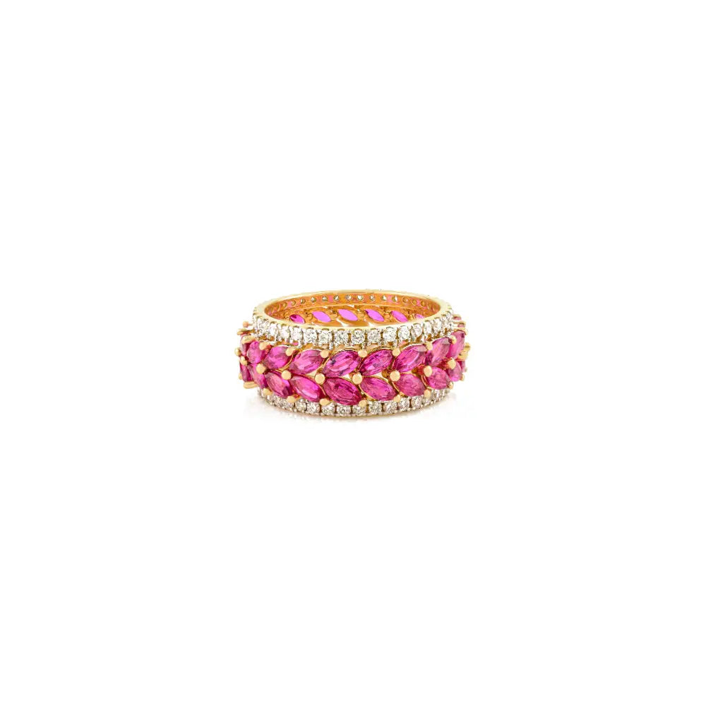 100% Authentic Ruby & Diamond Real 14K Yellow Gold Wedding Band Ring Women Jewelry
