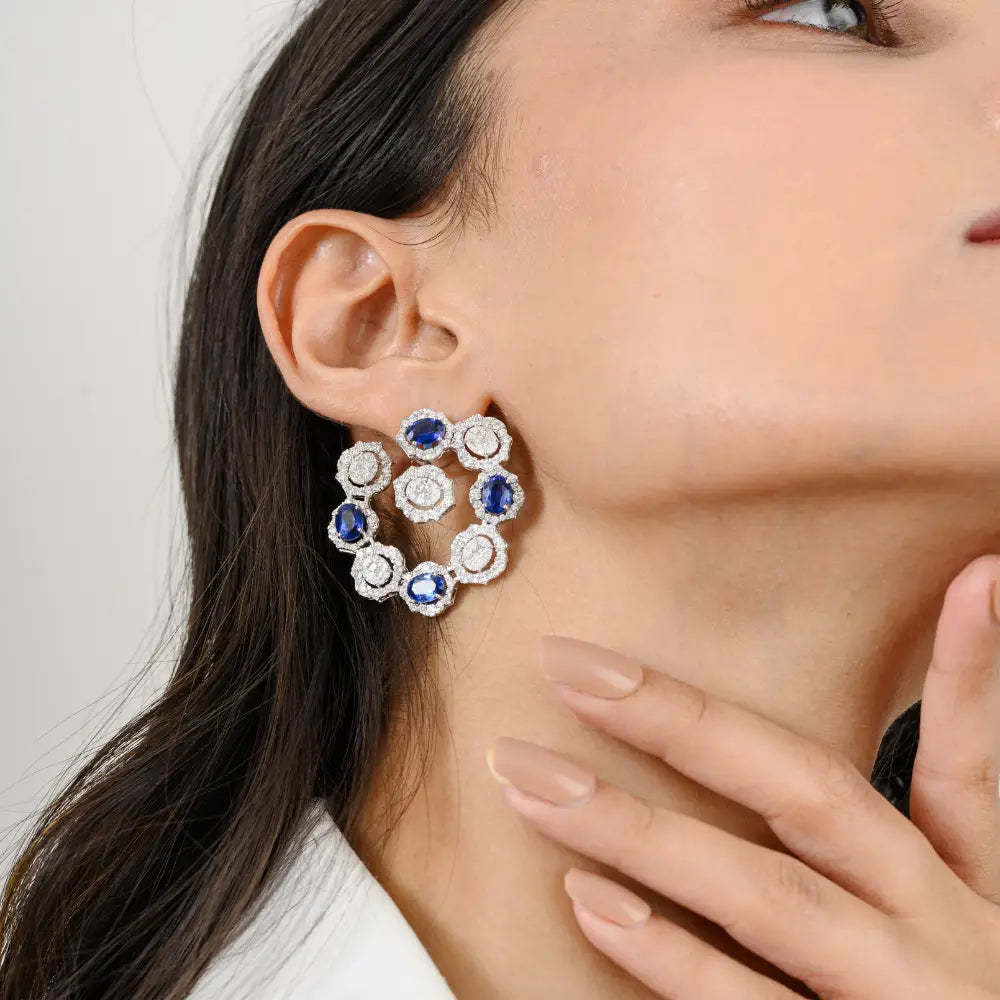 Bold Jewelry Natural Blue Kyanite & Diamond White Gold Statement Stud Earrings