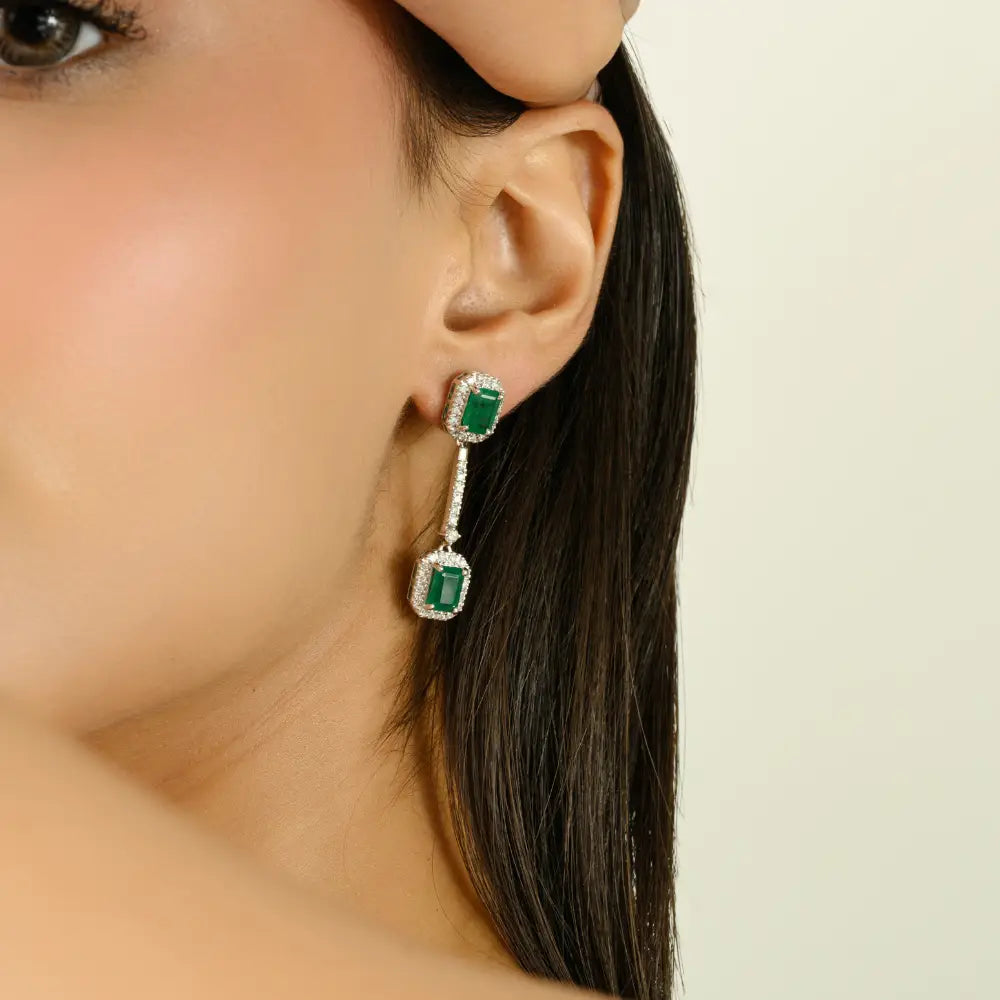 Trending Zambian Emerald & Diamond Dangle Earrings Handmade Jewelry 14K White Gold