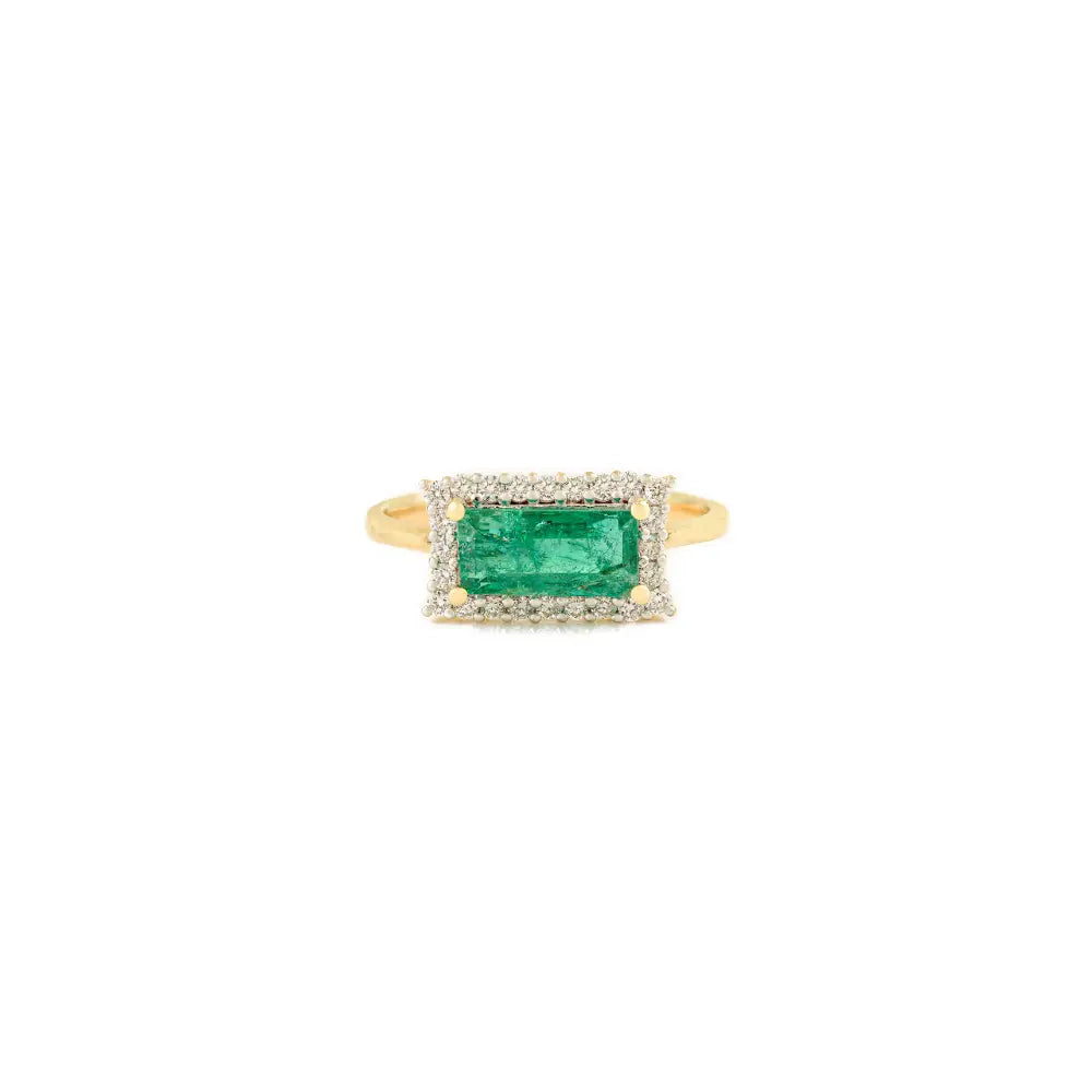 Horizontal Emerald & Diamond Halo Engagement Ring Solid K14 Yellow Gold Women Jewelry