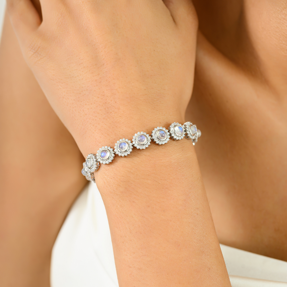 Elegant & Classic Jewelry Genuine Moonstone & American Diamond Round Flower Bracelet