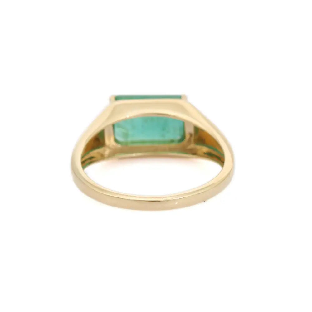 Prong Set Emerald Signet East West Ring Statement Unisex Jewelry 14K Solid Yellow Gold